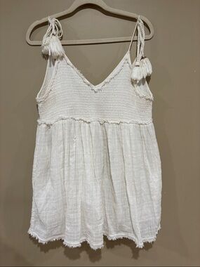 Free People White Gauze Smocked Tank Dress with Tassel Straps